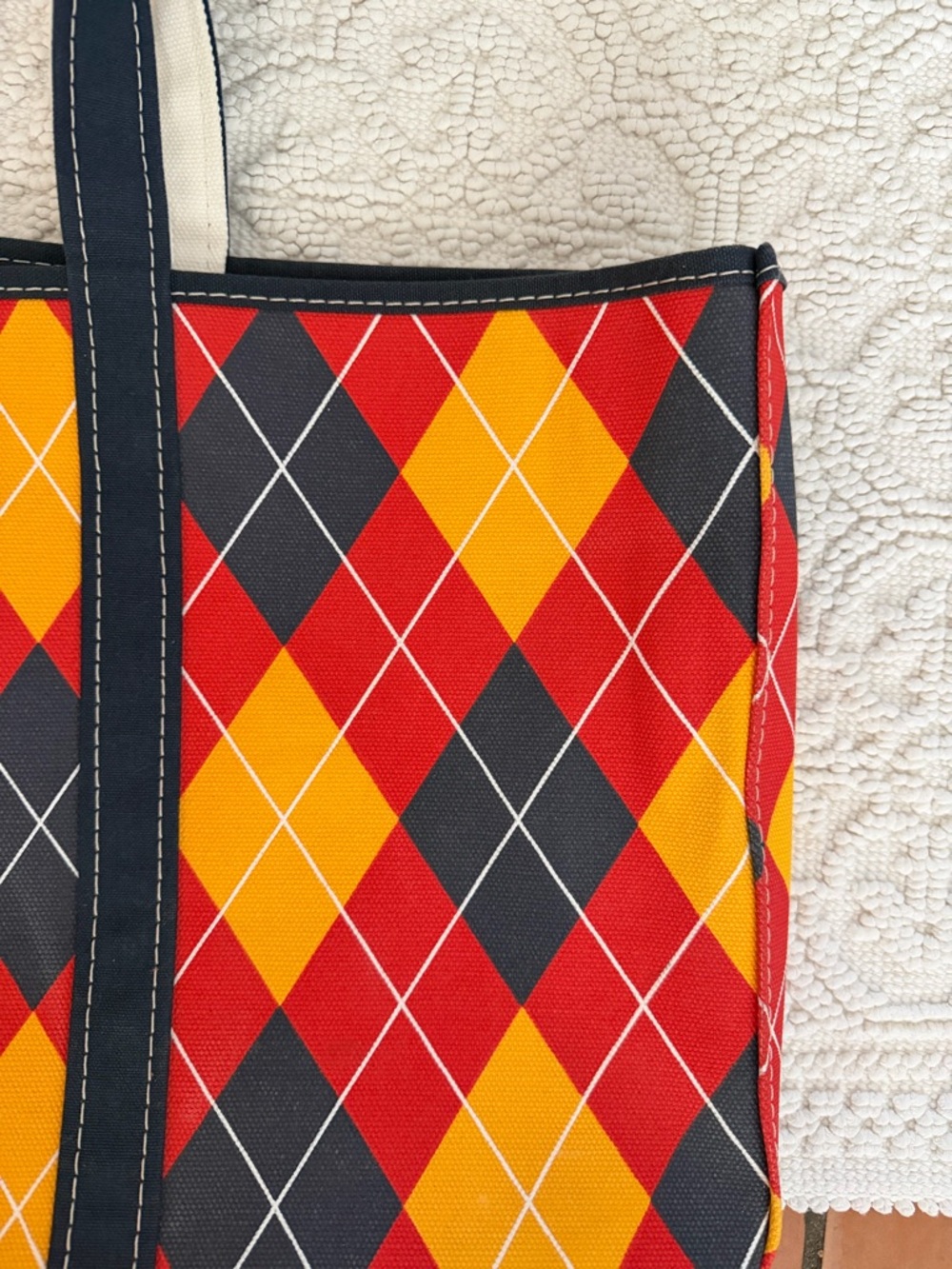 LL Bean Vintage Blue Red Yellow Argyle Large Boat and Tote 100% Cotton Canvas - Picture 3 of 9